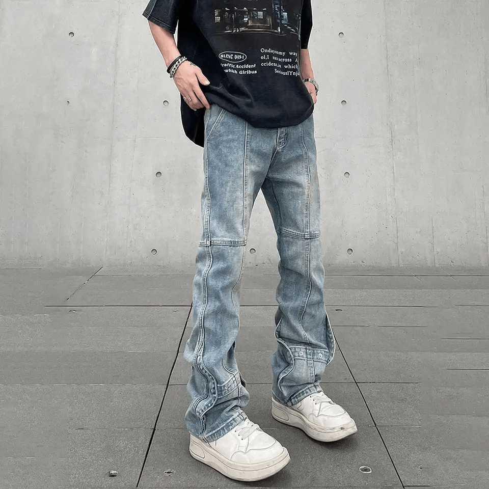 image of Jean Faded Street Slim Spliced Stacked Acid Denim Pants in Acid Blue, Men's (Size 30)