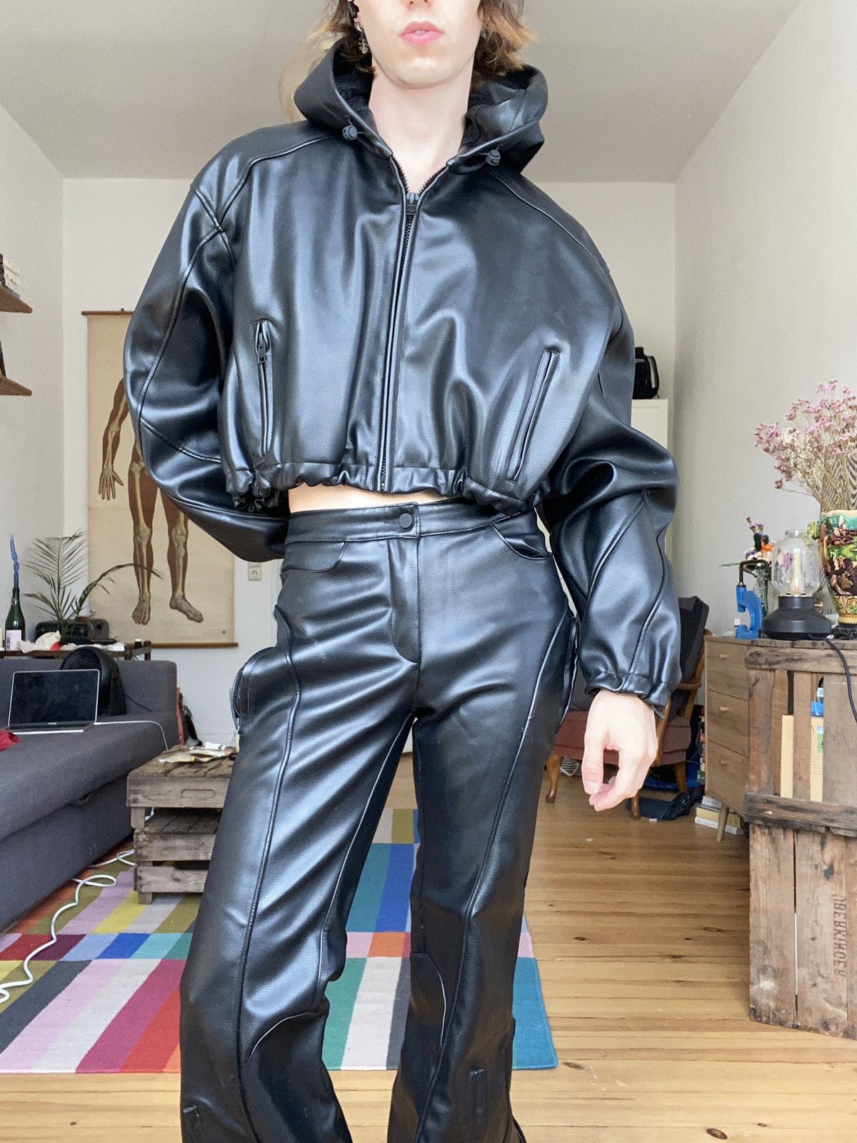 Faux Leather Cropped Hooded Jacket