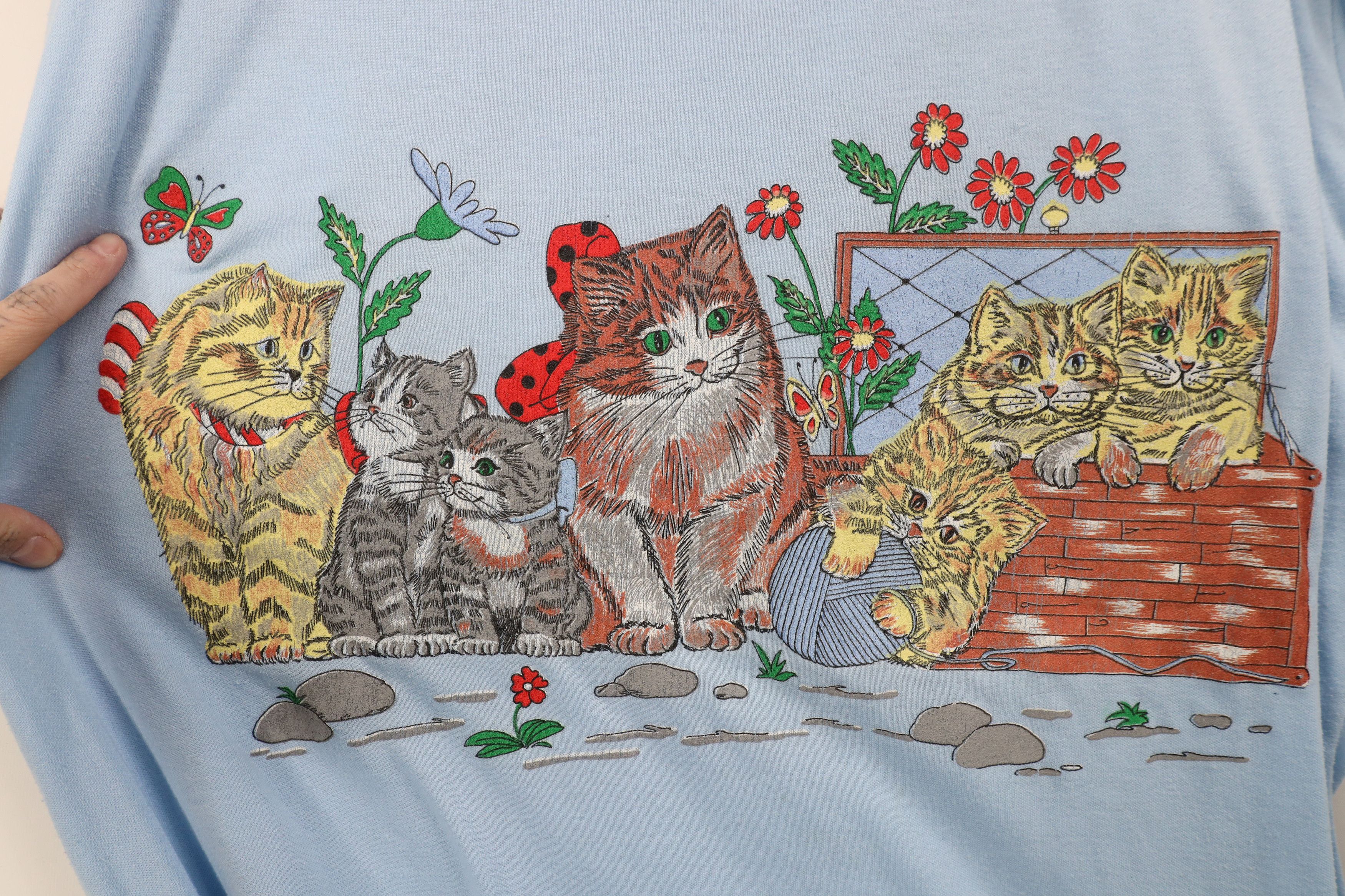 Vintage Vintage 90s Streetwear Cat Kitten Flower Night Sleep T-Shirt Size ONE SIZE - 5 Thumbnail