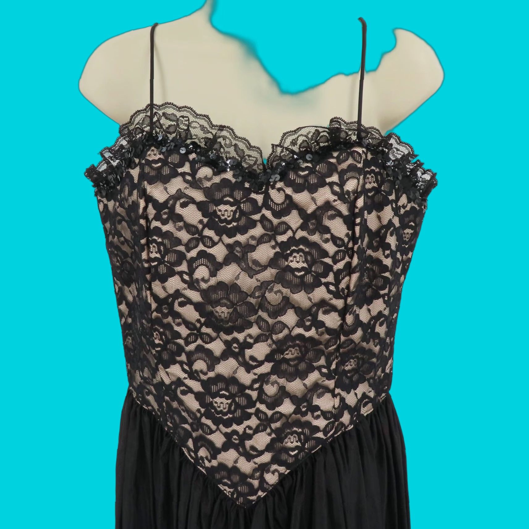 VINTAGE Black Lace Sequin Spaghetti Strap Dress Women 11/12 Long Dress