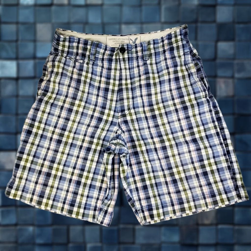American Eagle Outfitters VINTAGE American Eagle Shorts Men 33 Blue Green Plaid Zip Button Casual Chino Pockets Size US 33 - 1 Thumbnail