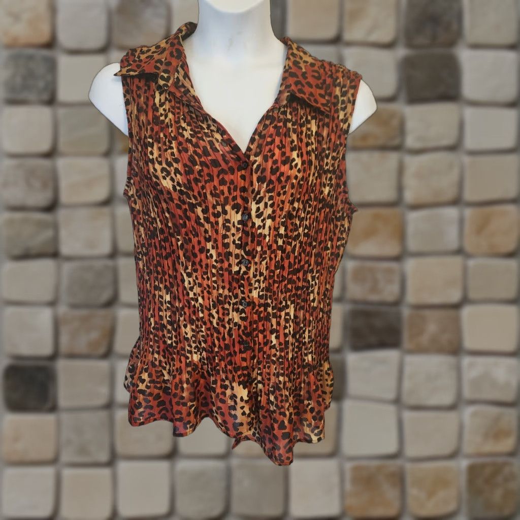 Vintage VINTAGE Studio 1940 Leopard Print Collared Sleeveless Top Shirt Button Down 22 24 Plus Size 3XL / US 20-22 - 1 Thumbnail
