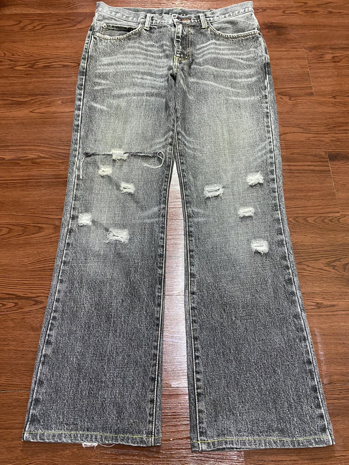 Vintage Uniqlo Black Denim Whisker Distressed Bootcut Jeans