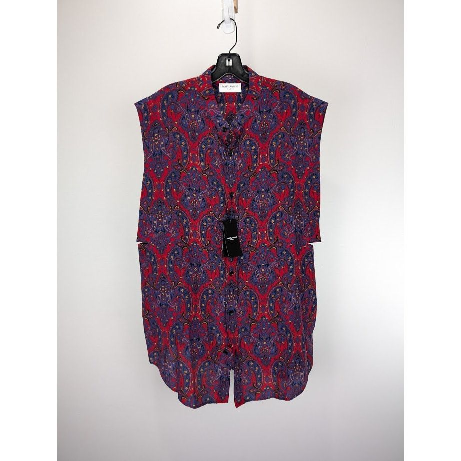 Saint Laurent Paris o1rshd1 Chemise Sans Manches Silk Sleeveless Shirt in Blue Size US L / EU 52-54 / 3 - 1 Thumbnail