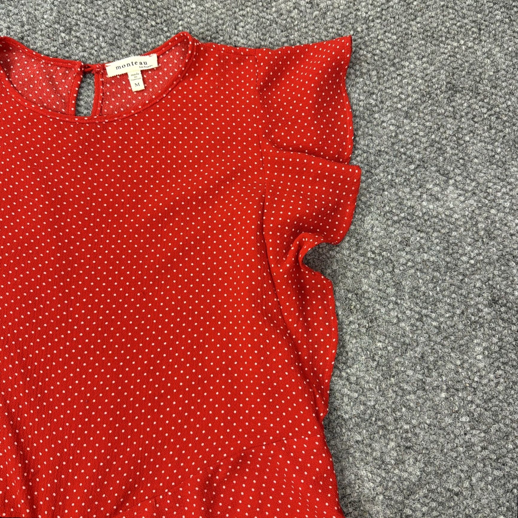 Vintage Monteau Shirt Women Red Polka Dot Tie Front Ruffle Sleeve Blouse Medium Size M / US 6-8 / IT 42-44 - 3 Thumbnail
