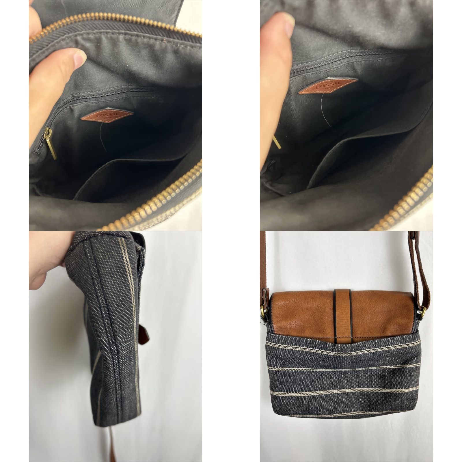 Fossil Fossil Crossbody Purse Black Denim Striped Brown Leather Flap Small Women Size ONE SIZE - 8 Thumbnail