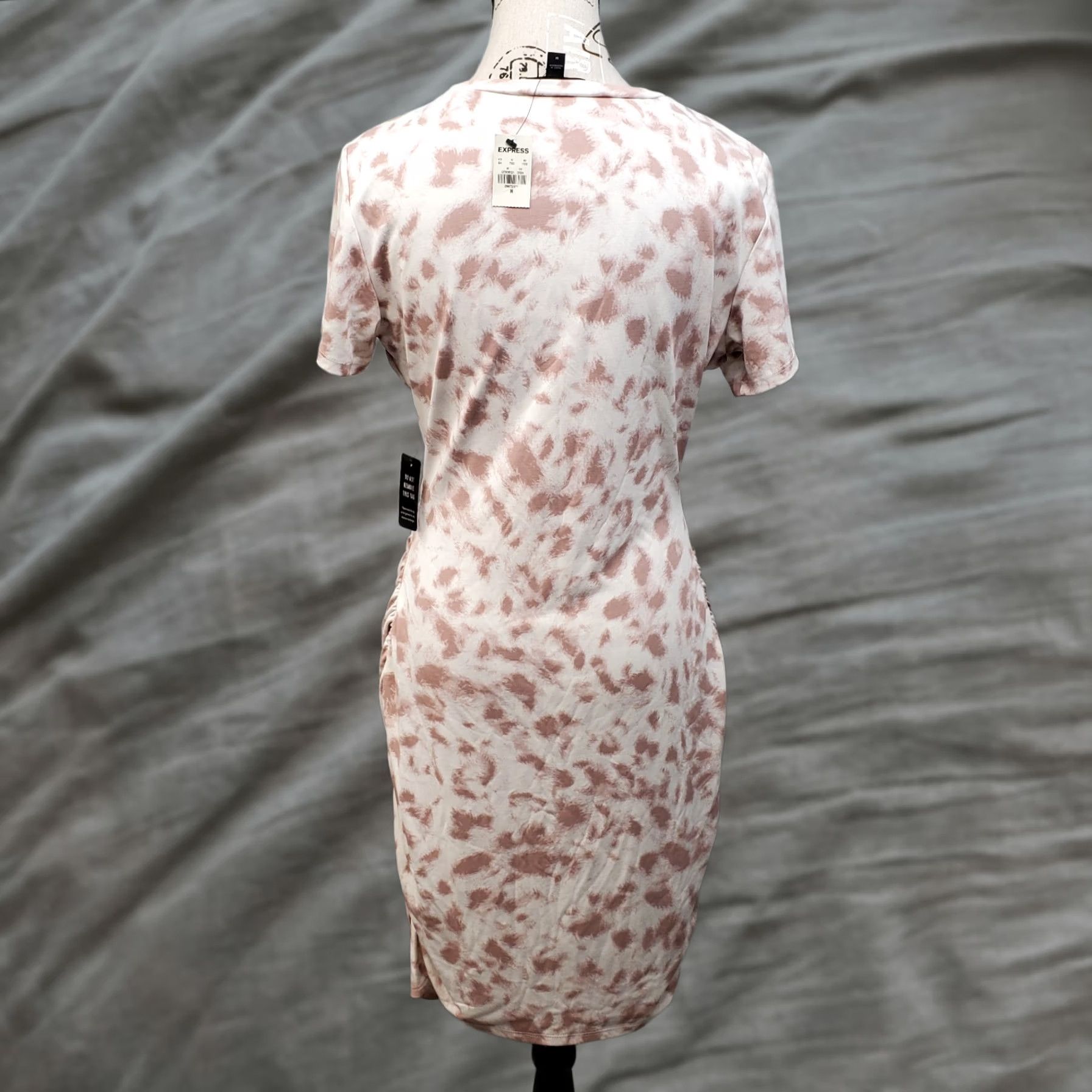 Express Dress Womens M Pink White Dusty Rose Tie-Dye Print Bodycon Ruched Side, Women's