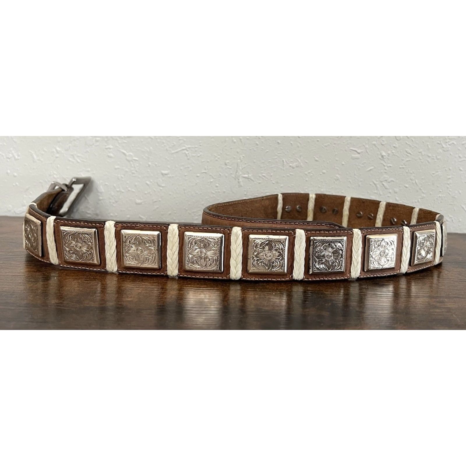Tony Lama VINTAGE Tony Lama Belt 36 Brown Silver Rhinestone Buckle Leather Floral Medallion Square Belt Women 36-37 in Adjustable Western USA Cowboys Girls Size ONE SIZE - 4 Thumbnail