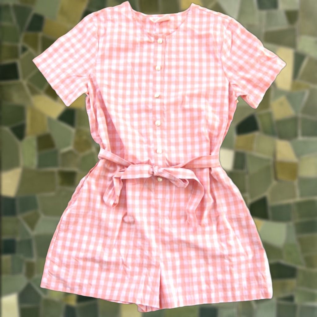 Vintage ban. do Pink Plaid Jumpsuit Pocket Short Sleeve Romper L Size 36" / US 14 / IT 50 - 1 Thumbnail