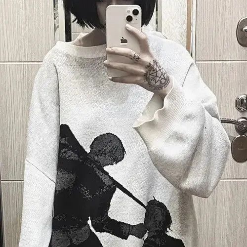 Japanese Brand Hip Hop Men Streetwear Harajuku Knitted Sweater Size ONE SIZE - 4 Thumbnail