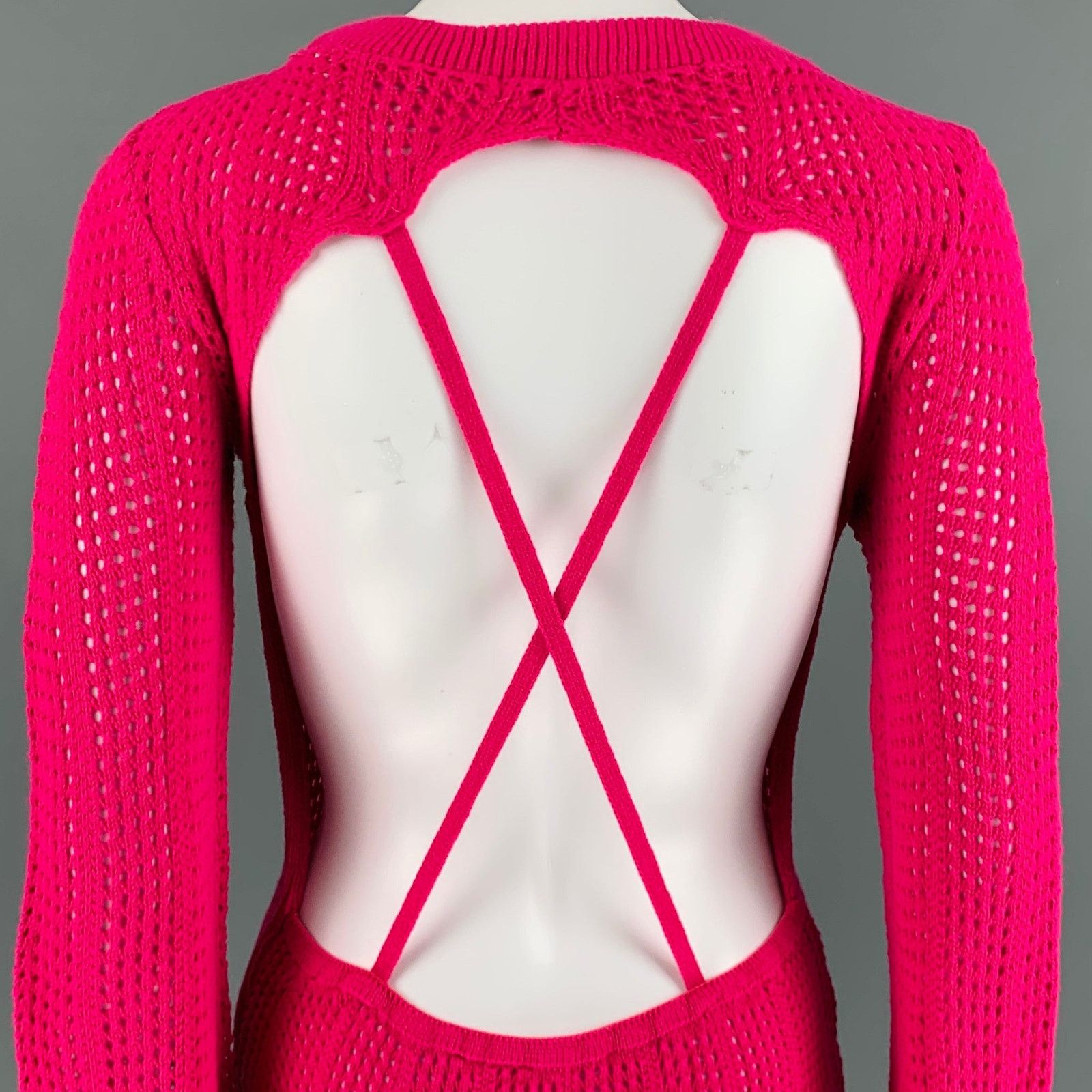 Other Pink Fuchsia Knit See Through Crochet Open Back Mini Dress Size S / US 4 / IT 40 - 4 Thumbnail