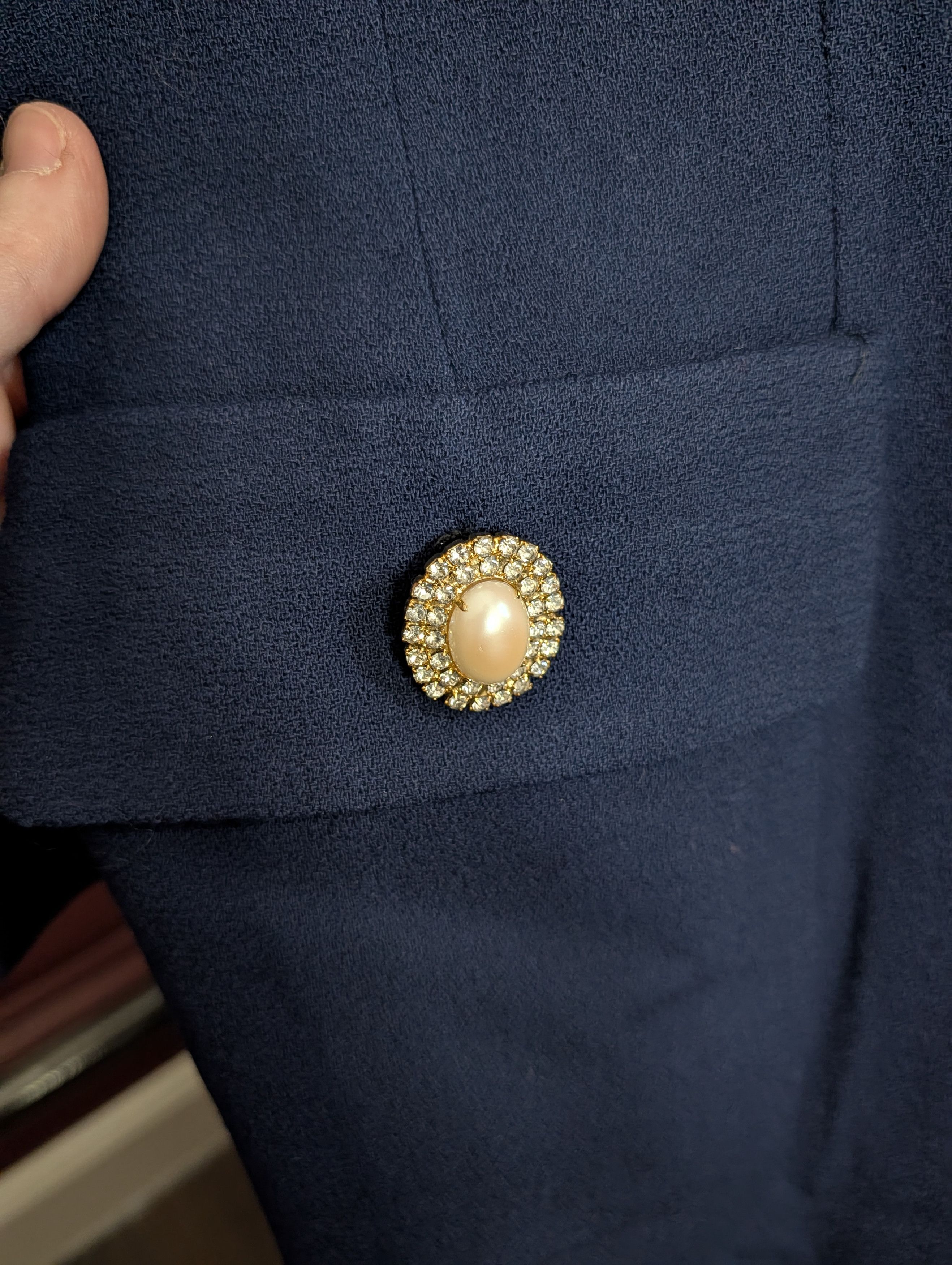 Pierre Balmain 80s VTG Navy Wool Pearl Crystal Gold Button Coat Dress Size L / US 10 / IT 46 - 4 Thumbnail