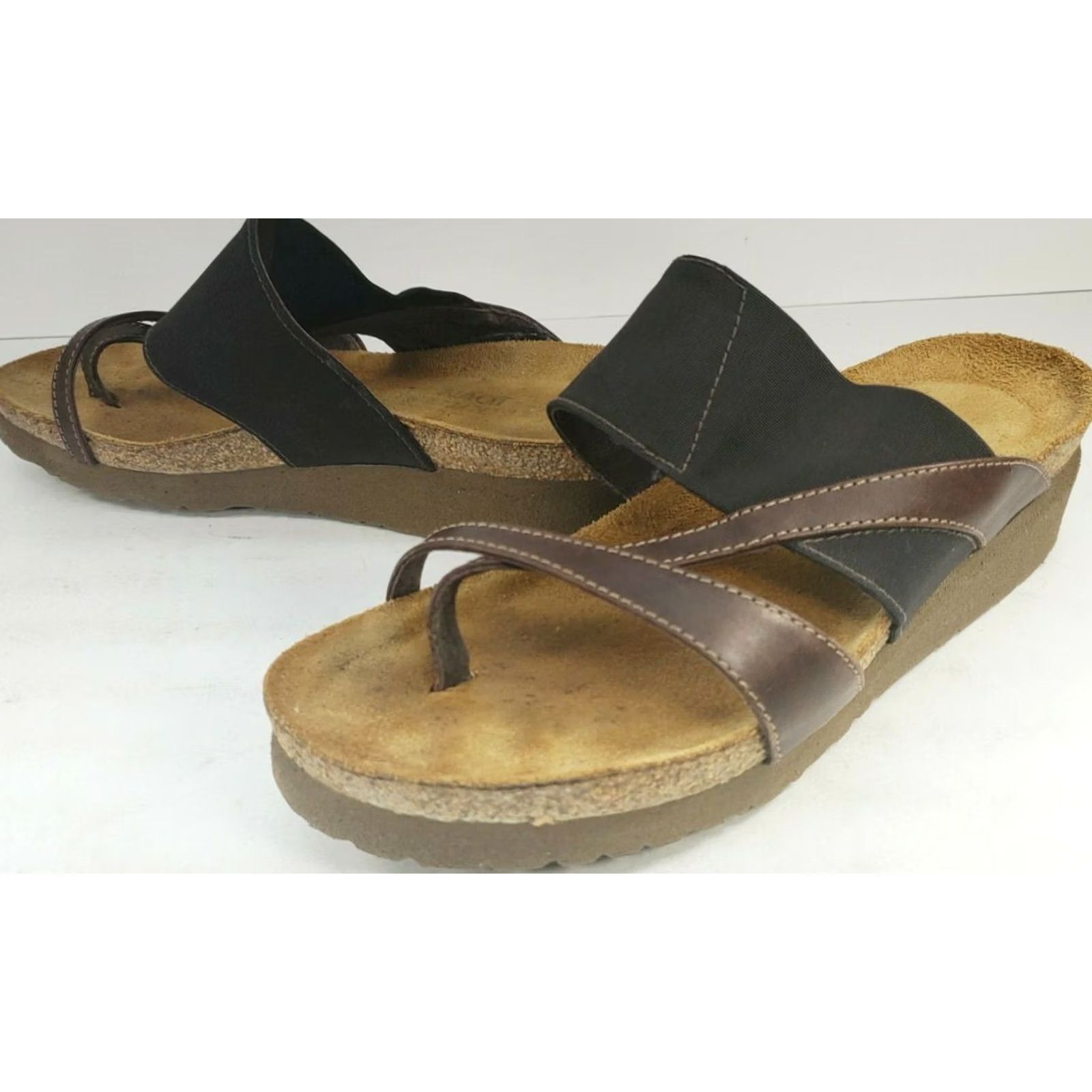 Vintage Naot Orion Brown Leather Fabric Elastic Thong Sandals Isreal Women’s 5M/36E EUC Size US 5 / IT 35 - 2 Thumbnail