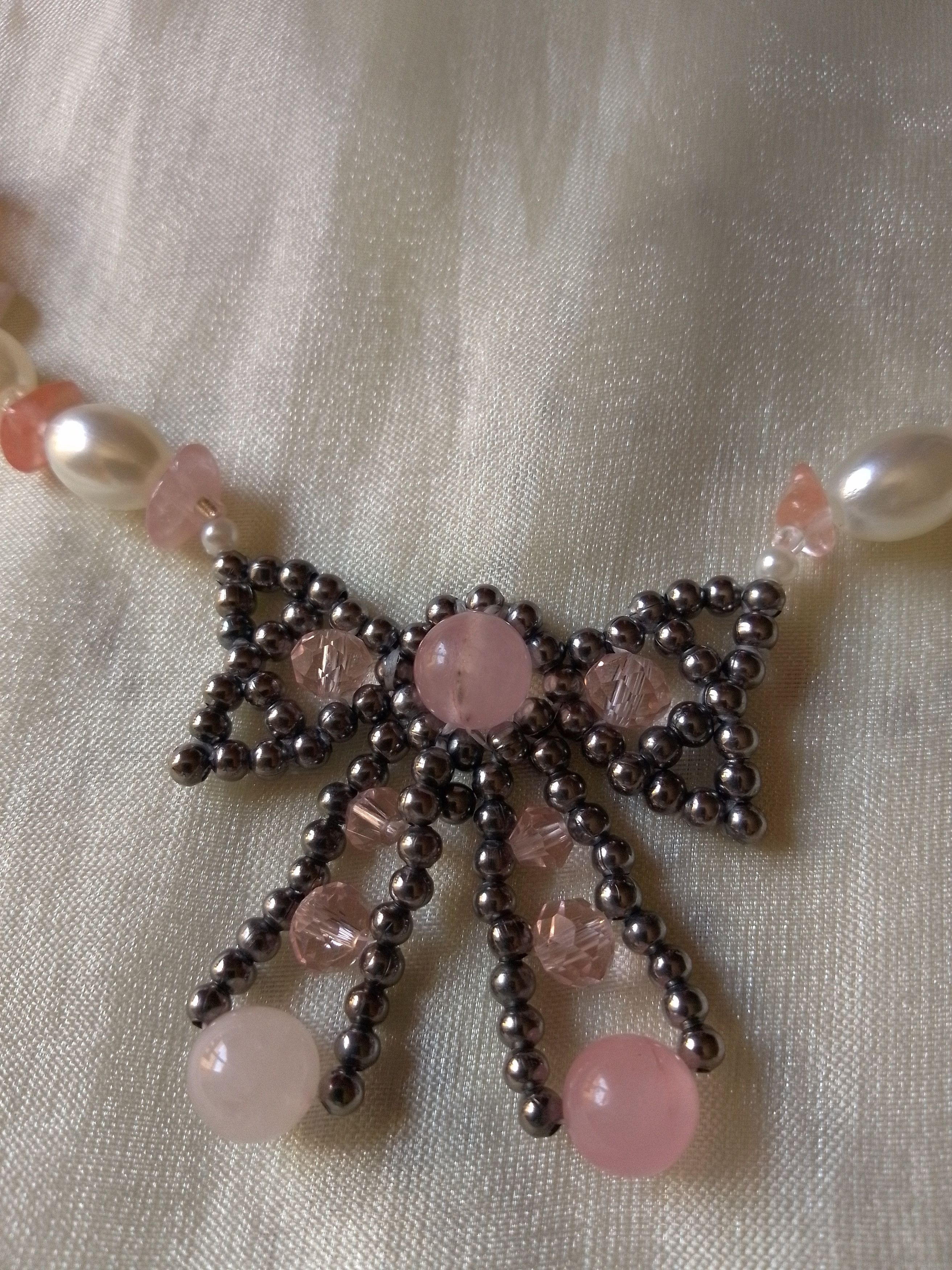 Handmade Bow necklace with natural rose with gemstones& pearls Size ONE SIZE - 8 Thumbnail
