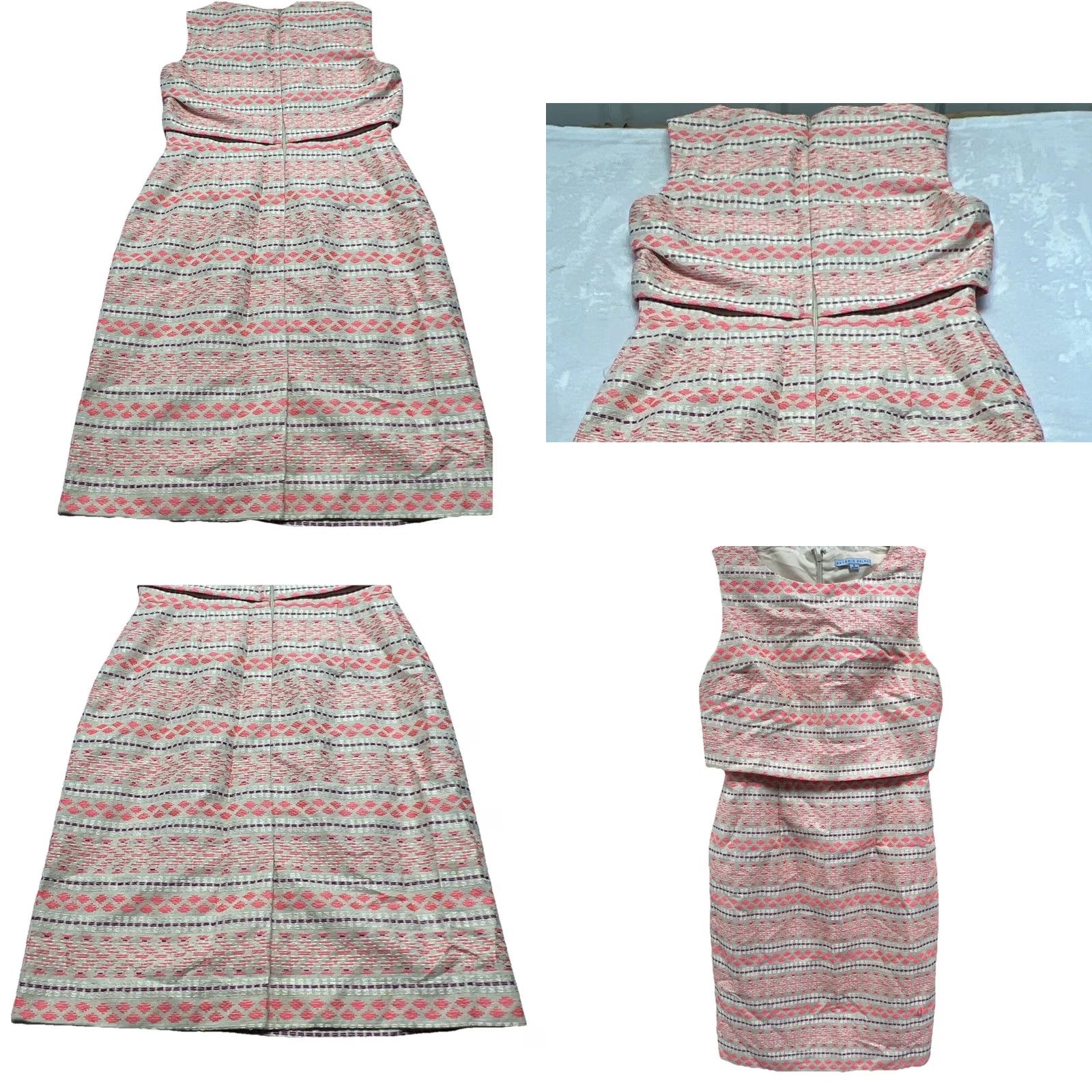 Vintage Antonio Melani Dress Sheath Sleeveless Pink Cream Jacquard Textured Knee Length Crew Neck Zip Back Lined Womens 8 Size M / US 6-8 / IT 42-44 - 9 Thumbnail