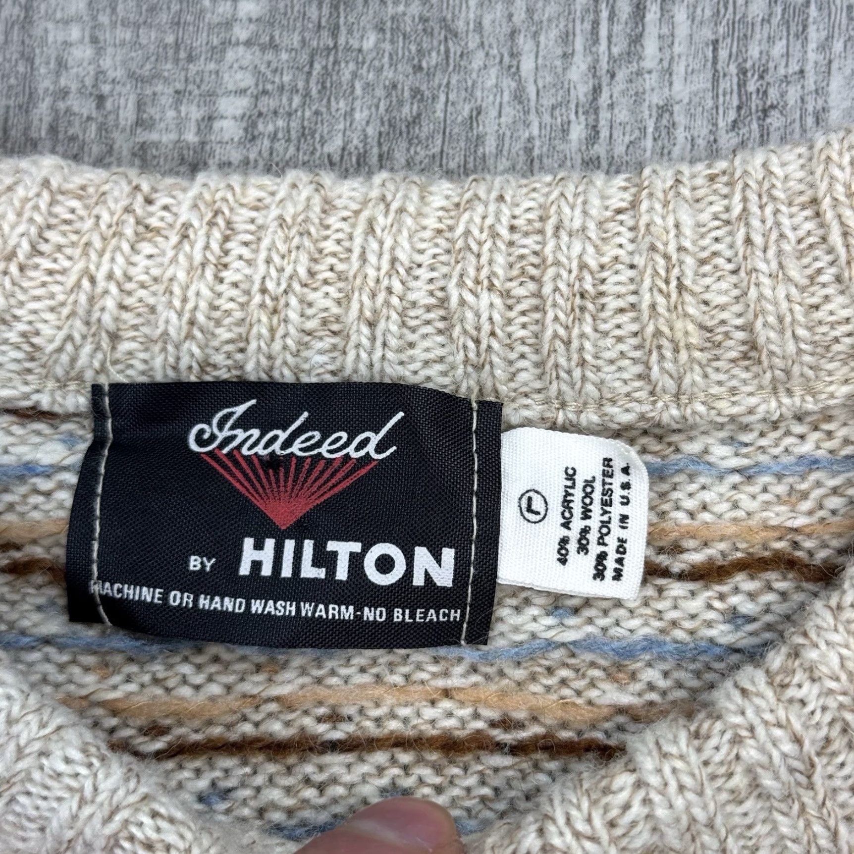 Vintage VINTAGE Indeed by Hilton Crewneck Sweater Adult Large Beige Fair Isle Knit Patterned Preppy USA Wool Blend Size US L / EU 52-54 / 3 - 3 Thumbnail