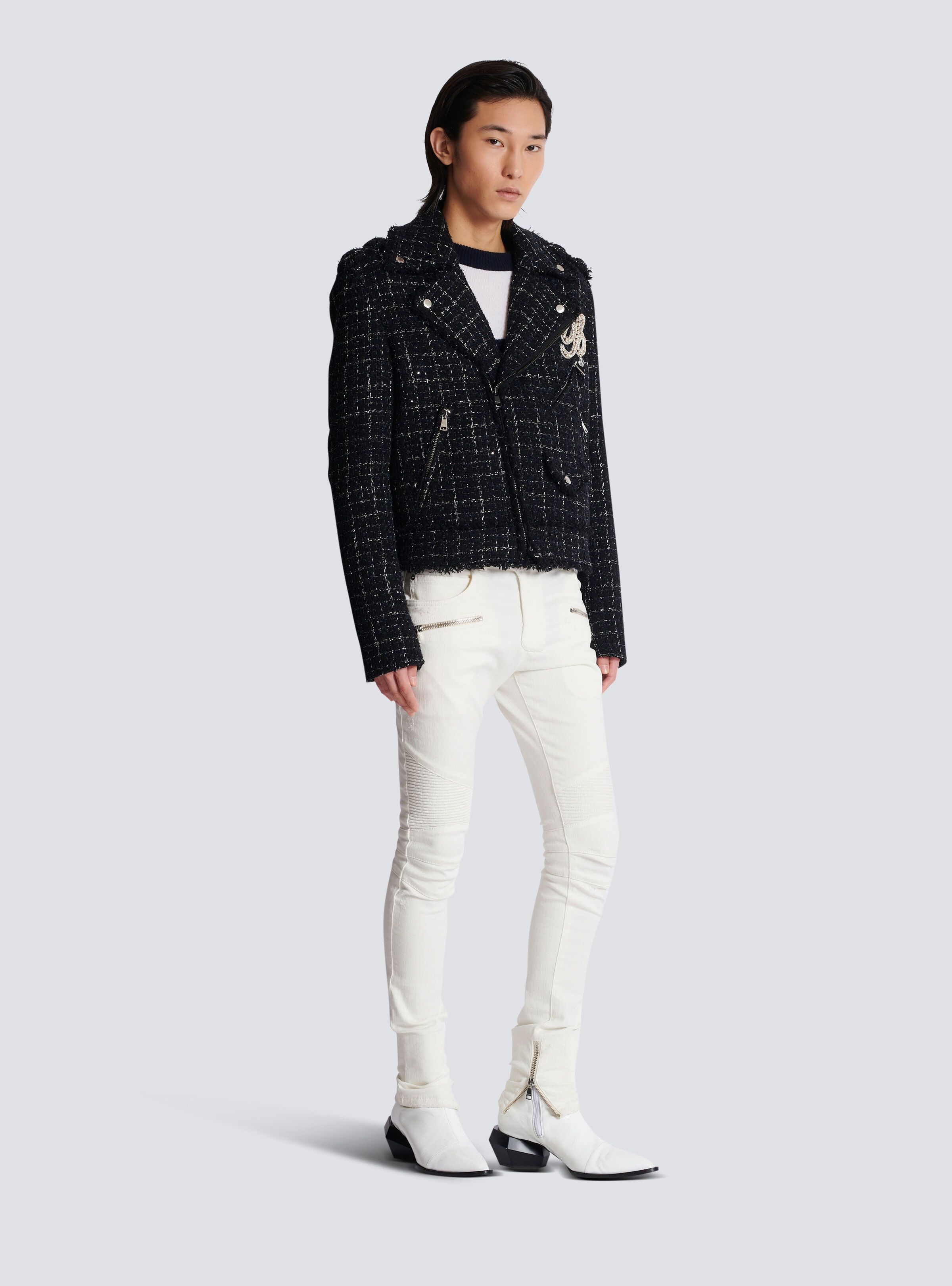 Balmain o1s1wg111025 Checked Tweed Biker Jacket in Black Size US L / EU 52-54 / 3 - 2 Thumbnail