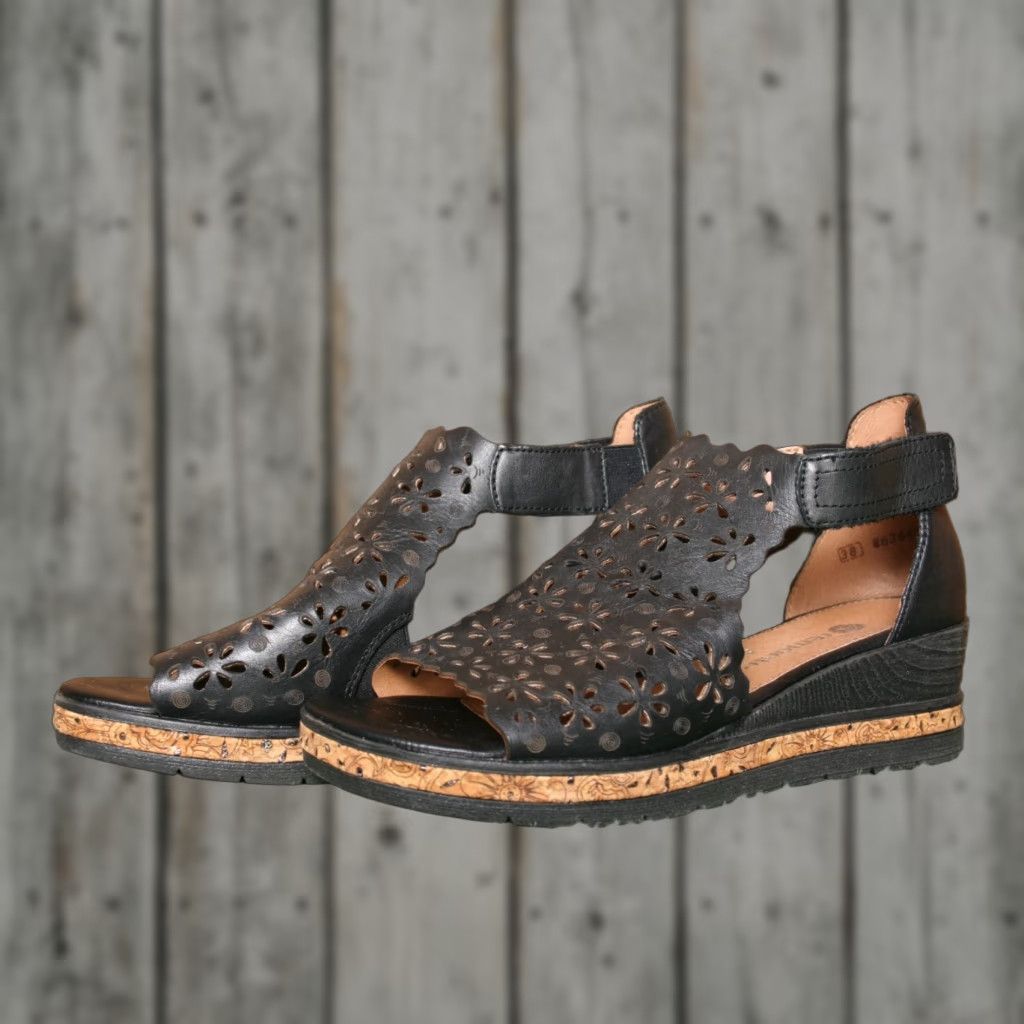 Vintage REMONTE Jerilyn 56 Floral Laser Cut Open Toe Wedge Sandals EUR 38 US 7.5 Black Leather Peep Toe Female Womens Sandal Size US 8 / IT 38 - 1 Thumbnail