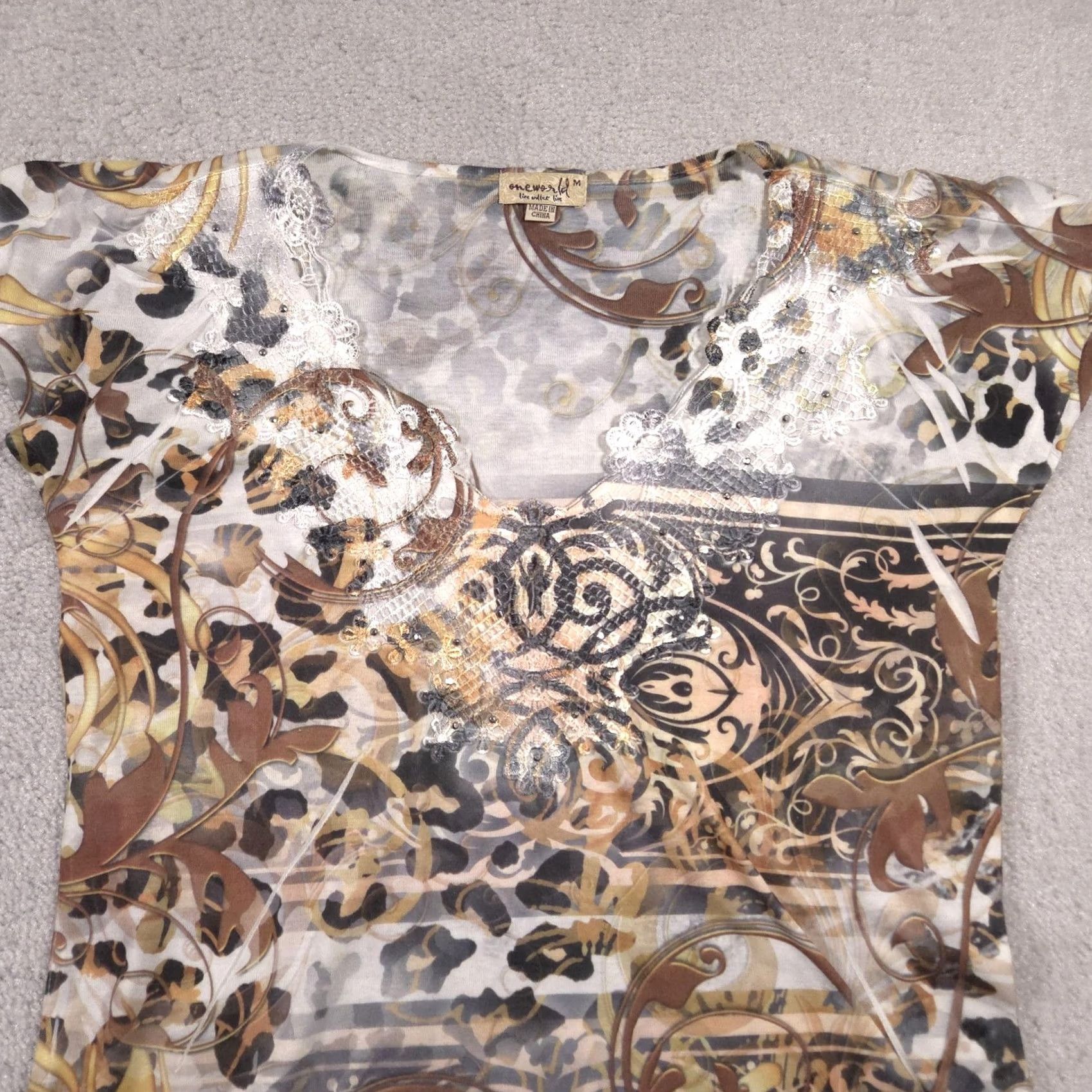 Vintage VINTAGE One World Shirt Womens Medium Brown Gold Animal Print Embroidered Sequin Boho Top Size M / US 6-8 / IT 42-44 - 3 Thumbnail