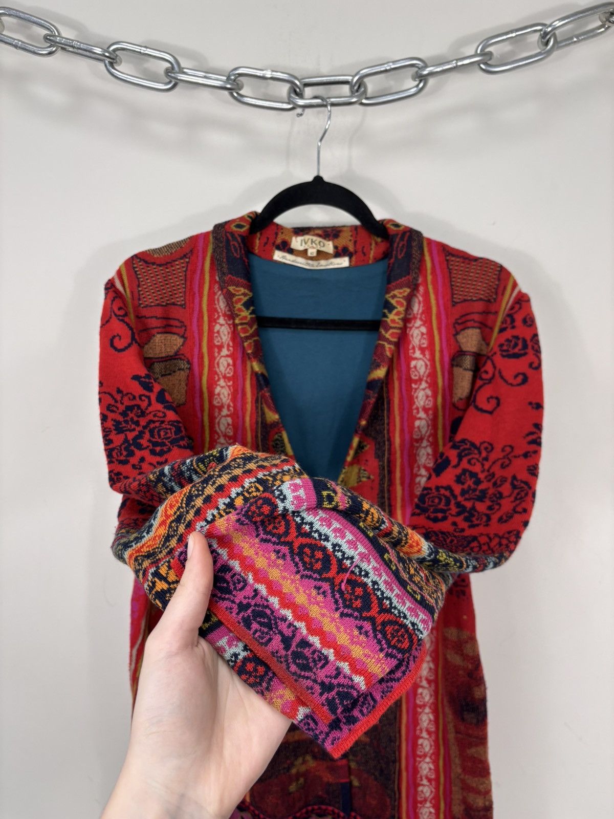 Other Ivko Women’s Red Folk Knit Cardigan Sweater Floral Jacquard Size M / US 6-8 / IT 42-44 - 8 Thumbnail