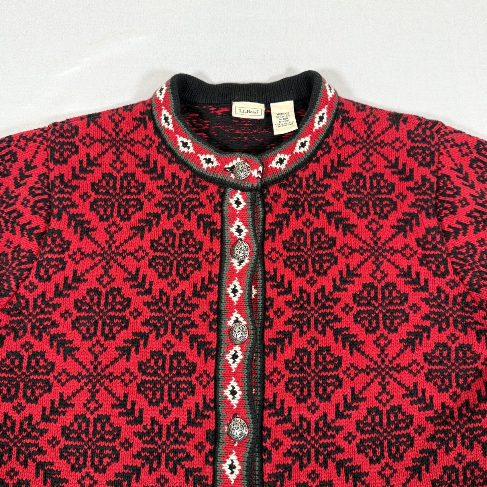 Vintage L.L.Bean Sweater Cardigan Women M Red Fair Isle Knit Cotton Button Up Crew Neck Holiday Ski Winter - Mens/Womens? Size M / US 6-8 / IT 42-44 - 2 Thumbnail
