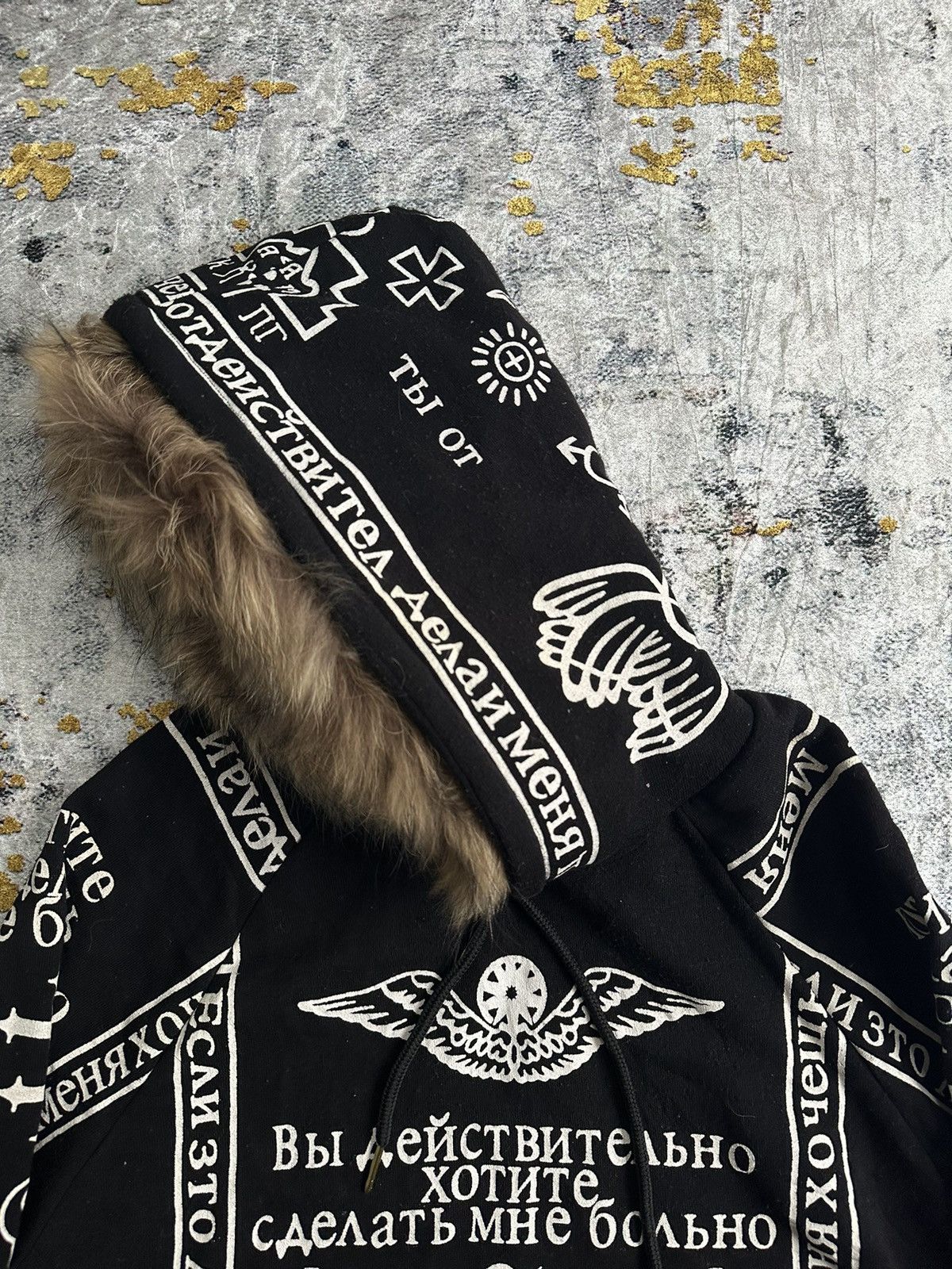 Japanese Brand × Vintage UNKNOWN BRAND DISTRESSED FUR HOODIE ANCIENT SYMBOL LGB STYLE Size US M / EU 48-50 / 2 - 5 Thumbnail