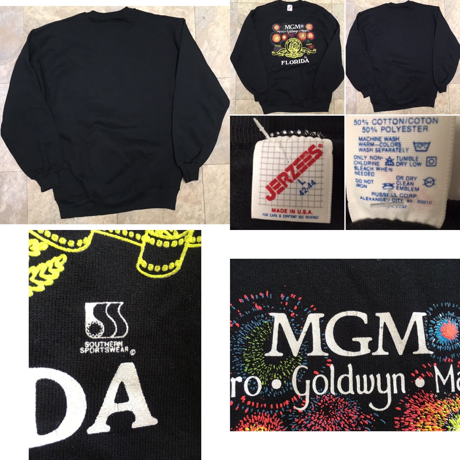 Jerzees VINTAGE MGM Metro Goldwyn Mayer Florida Sweatshirt Neon Graphics 80s 90s USA Made L Jerzees Black Sweatshirt Mens Size US L / EU 52-54 / 3 - 8 Thumbnail