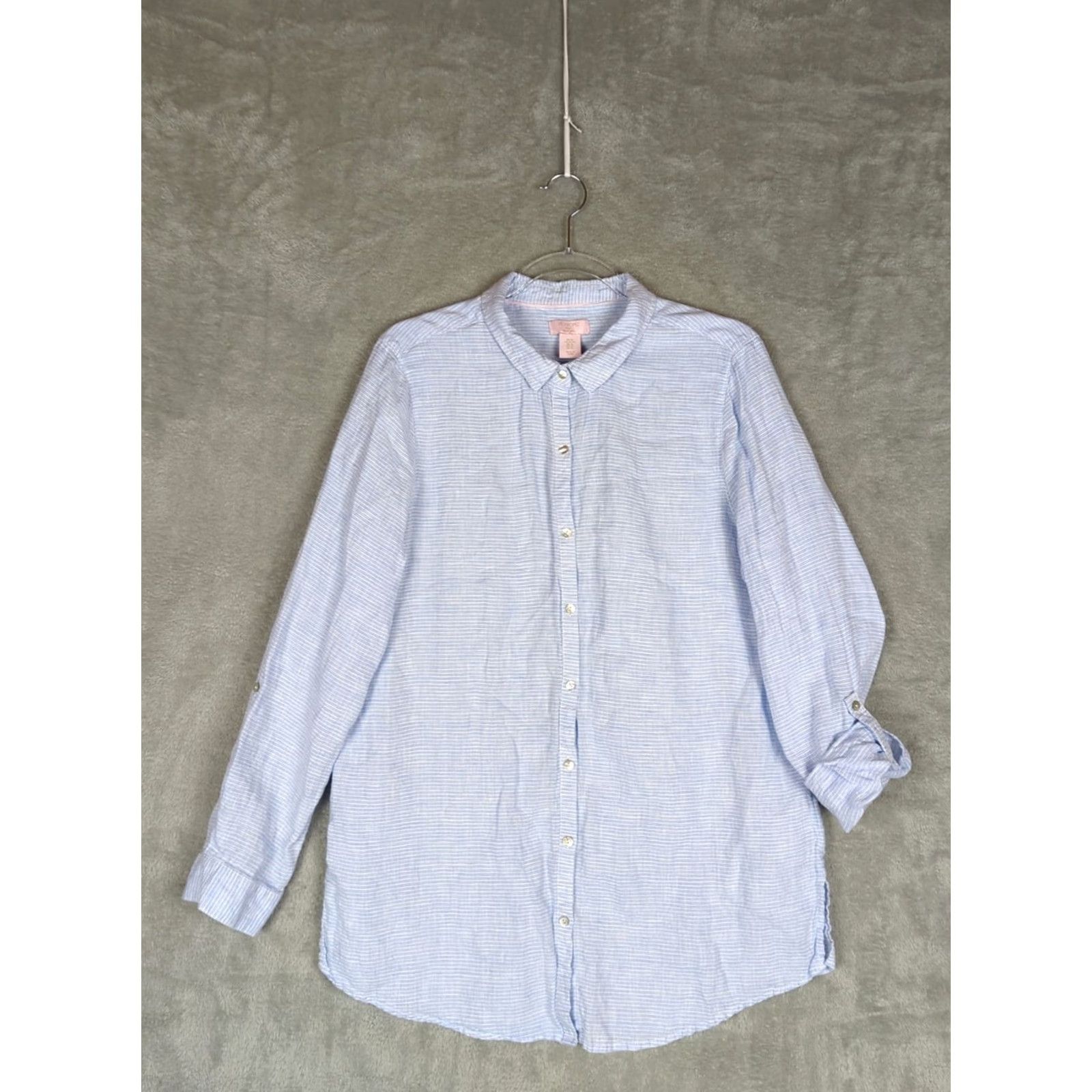 Vintage St Tropez Tunic Shirt Women XL Linen Beach Cover Up White Blue Stripe Summer Casual Button-Up Collared Beach Theme Size XL / US 12-14 / IT 48-50 - 2 Thumbnail