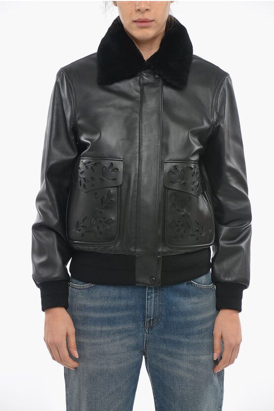 image of Chloe Leather Bomber With Removable Fur Collar And Embroidered Poc in Black, Women's (Size Small)