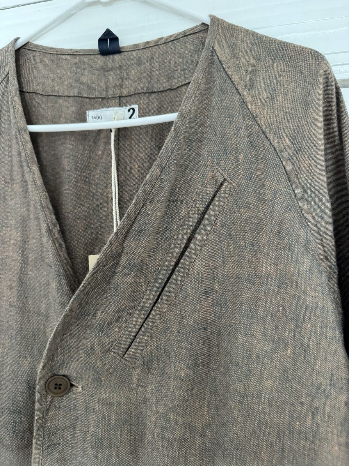 Ts(S) Linen Collarless Easy Jacket Back Slit Brown Navy Chambray Size US S / EU 44-46 / 1 - 2 Thumbnail