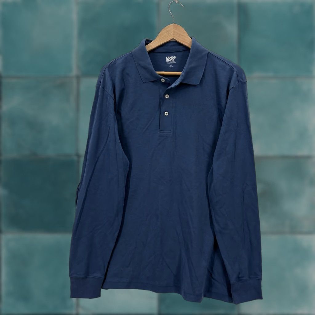 Lands' End Lands' End Polo Shirt Mens L Blue Supima Cotton Long Sleeve Tagless Jersey Classic Casual Button Front Collar Shirts Men Reg XS-XL Size US L / EU 52-54 / 3 - 1 Thumbnail