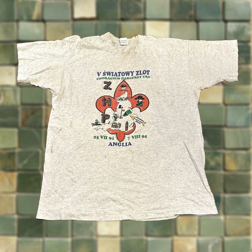Fruit Of The Loom VINTAGE Polish T Shirt Scout Banner World Rally 1994 XL Gray Mens 90s Single Stitch Size US XL / EU 56 / 4 - 1 Thumbnail