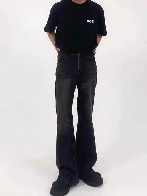 Japanese Brand Street Carbon Black Heavy Micro Flare Wide Leg Jeans Size US 34 / EU 50 - 1 Thumbnail