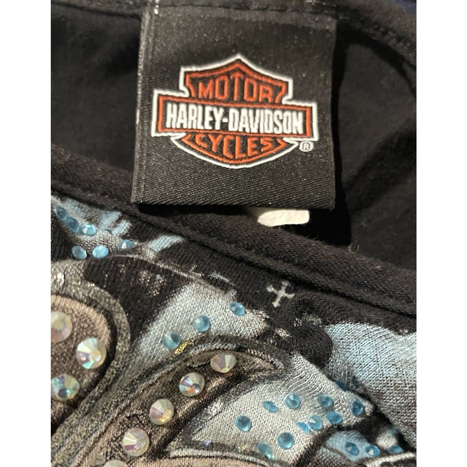 Harley Davidson Harley-Davidson Shirt Women Medium Black Cotton Spandex Bedazzle Fringe Embroidered Rhinestone T-Shirt USA Made Size M / US 6-8 / IT 42-44 - 6 Thumbnail