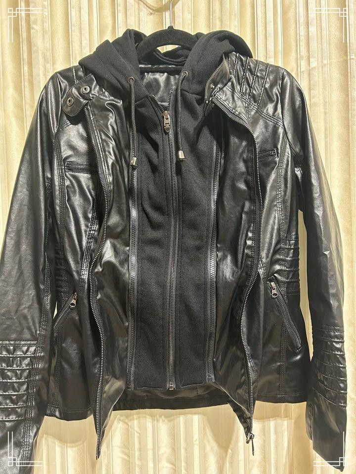 Designer Black Faux Leather Jacket with Detachable Hoodie Insert, S Size ONE SIZE - 2 Thumbnail