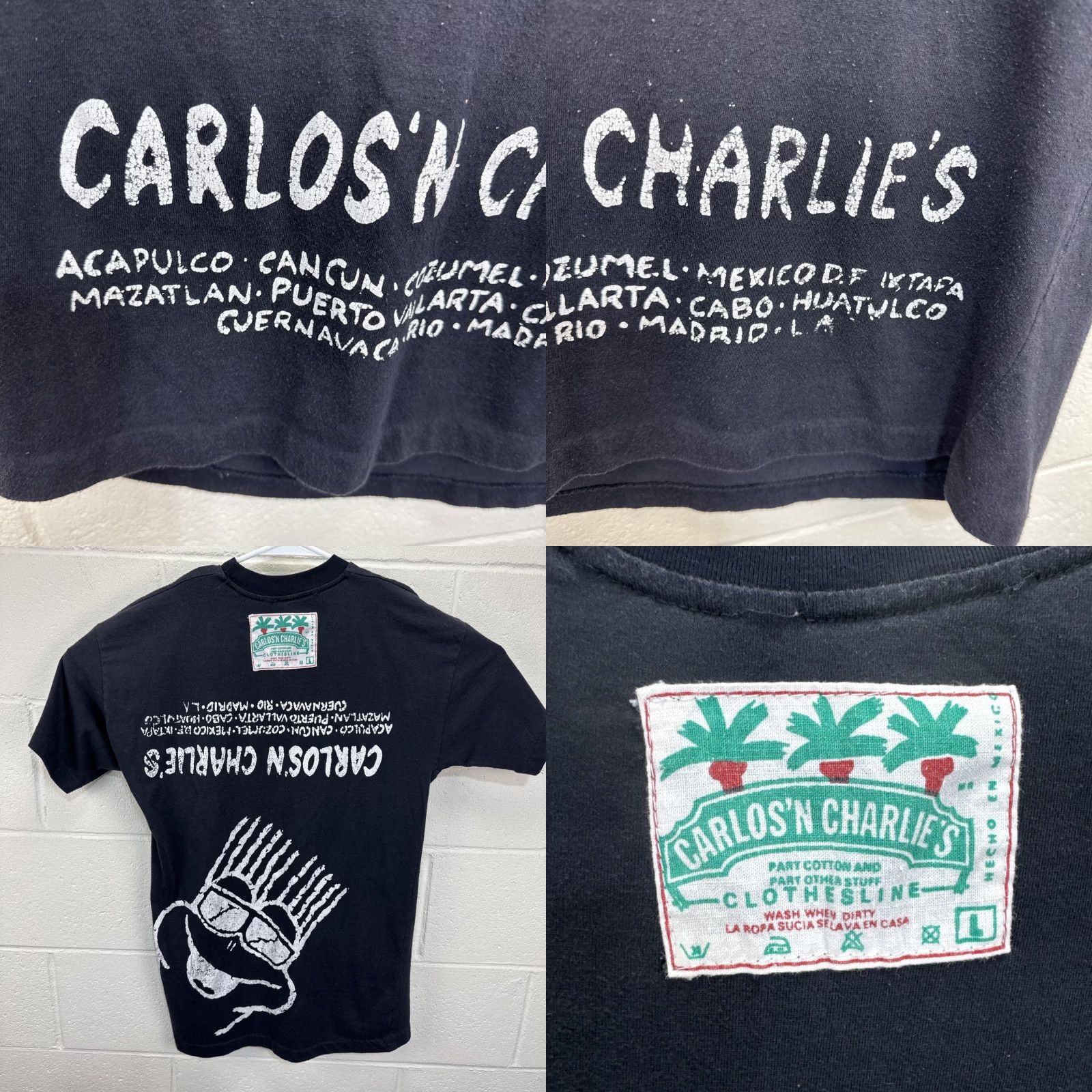 Vintage VINTAGE Clothesline Carlos 'n Charlie's Bar Acapulco T-Shirt Unisex Adults Black 90s Graphic Print Double-Sided Short Sleeve Crew Neck M Size US M / EU 48-50 / 2 - 8 Thumbnail