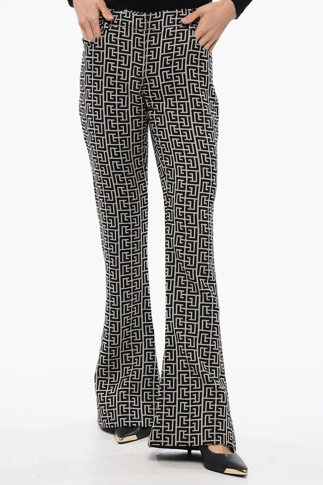 Balmain og1mm0326 Low-Rise Wool Flared Pant in Black/White Size 26" / US 2 / IT 38 - 1 Thumbnail