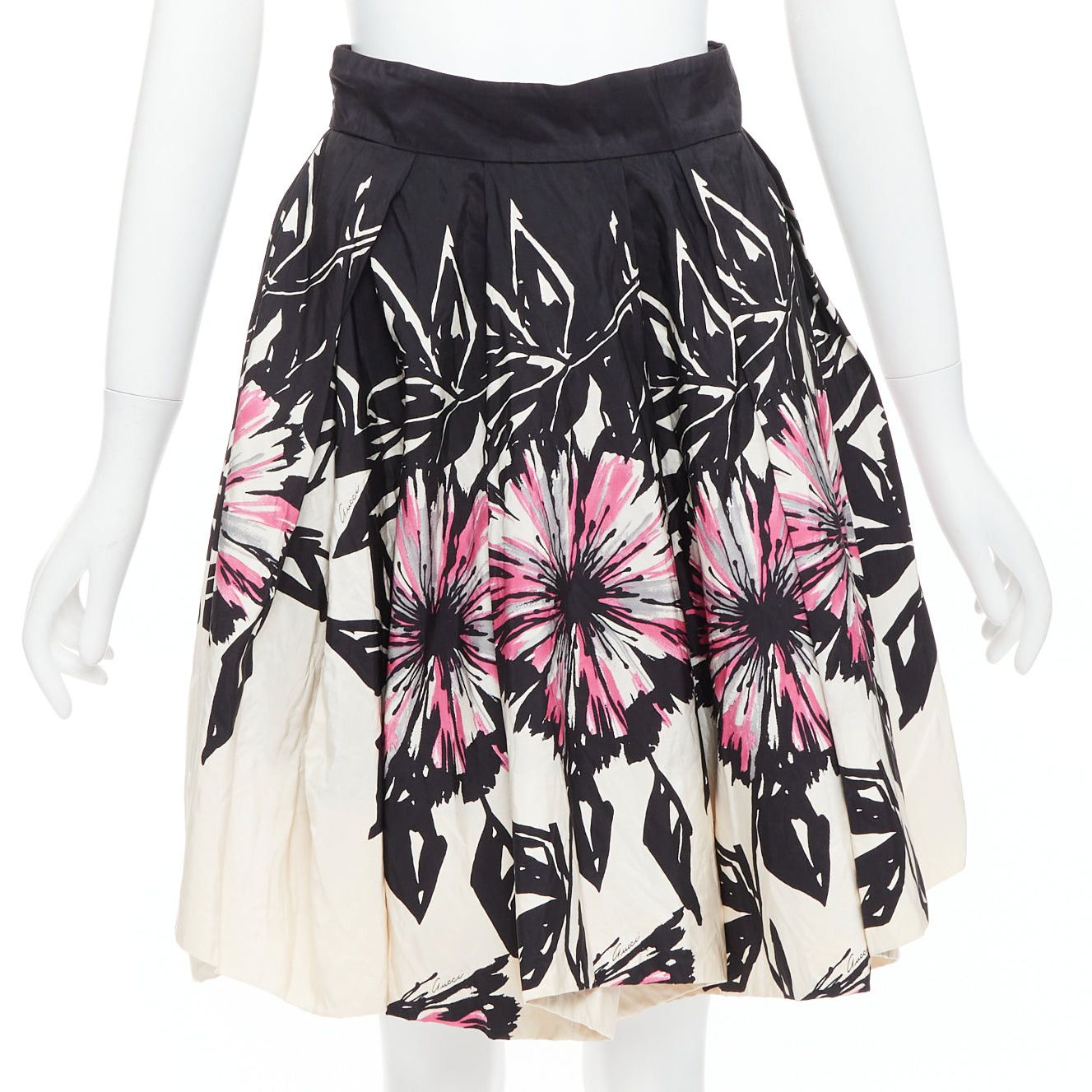 Gucci GUCCI 2007 100% silk black cream abstract floral flared bubble skirt IT40 M Size 27" / US 4 / IT 40 - 1 Thumbnail