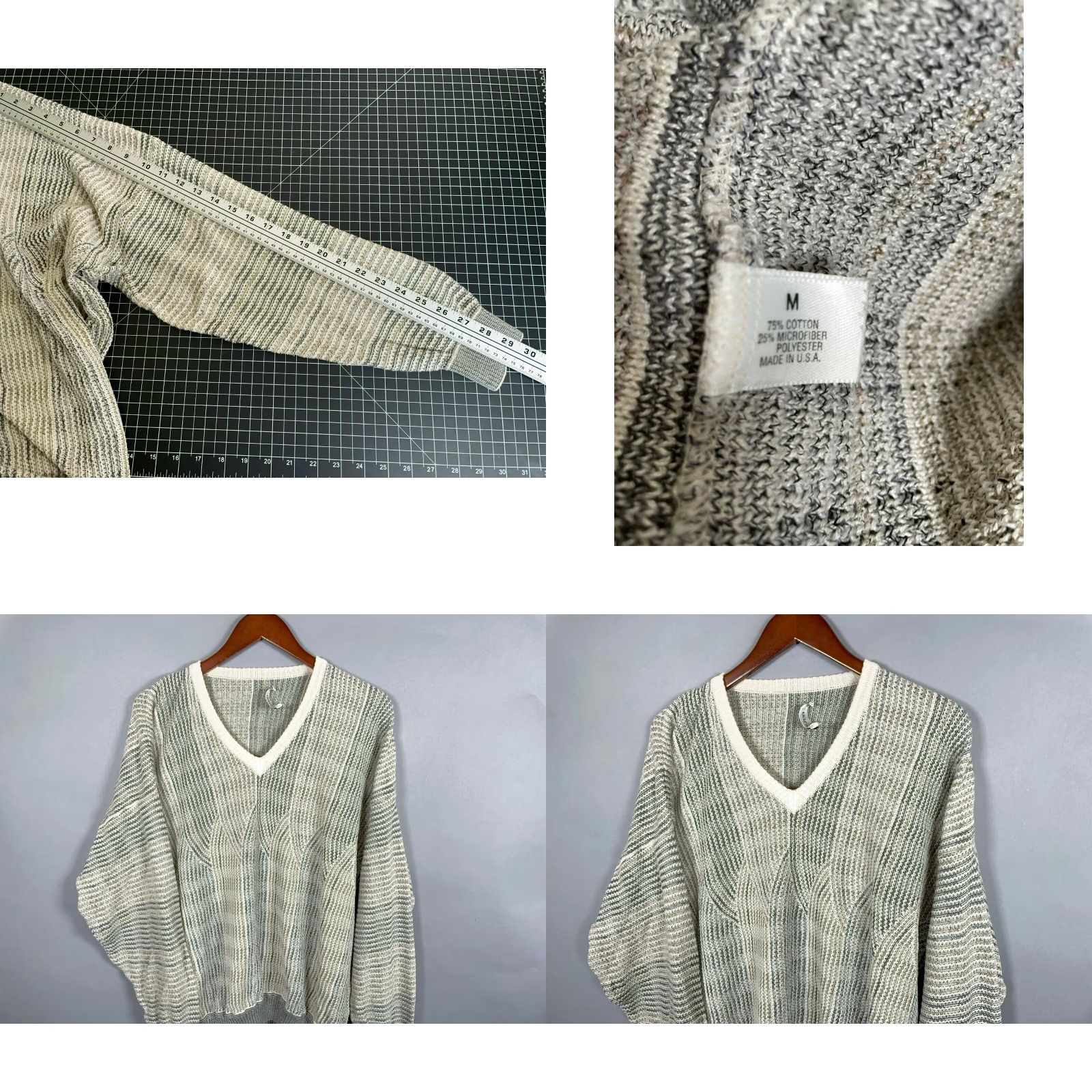 Vintage St. Croix Textured Cotton Deep V-Neck Sweater Medium Gray Ivory Knit Size US M / EU 48-50 / 2 - 8 Thumbnail