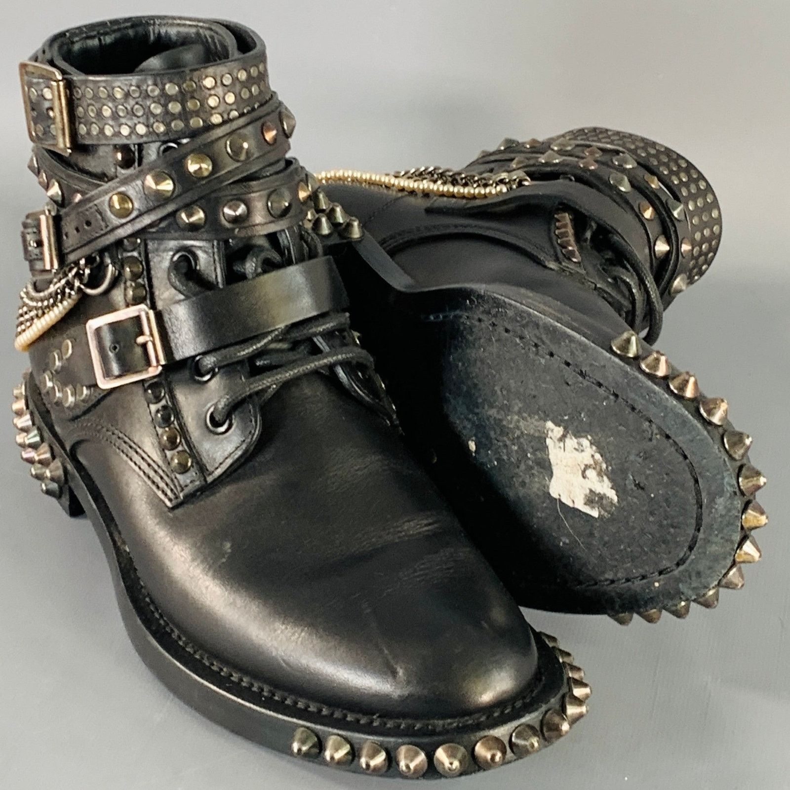 Saint Laurent Paris SAINT LAURENT Black Studded Leather Lace-Up Belted Boots Size US 6.5 / IT 36.5 - 6 Thumbnail