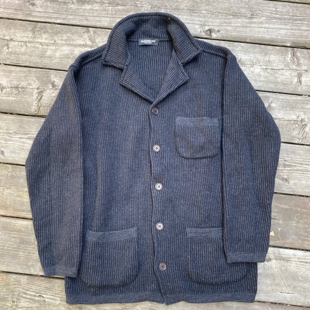 Vintage × Yves Saint Laurent Vintage 90s Yves Saint Laurent Wool Cardigan Charcoal Gray Size US L / EU 52-54 / 3 - 4 Thumbnail