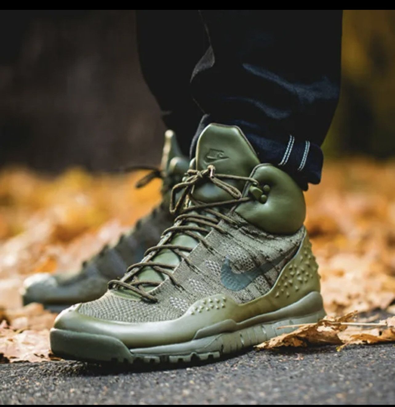 image of Military x Nike Lupinek Flyknit Defender Cargo Trail Sneaker Boots in Khaki Green, Men's (Size 9)