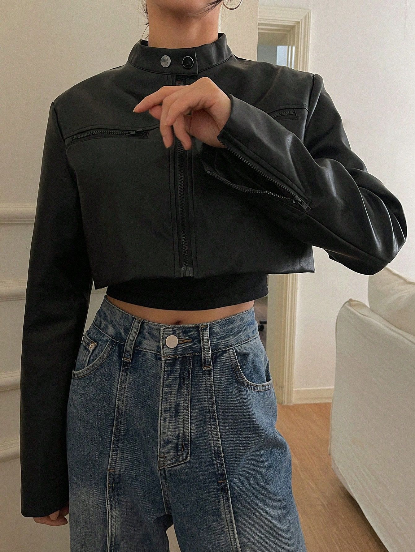 Other Women Black Cropped Real Cowhide Leather Jacket Size S / US 4 / IT 40 - 3 Thumbnail
