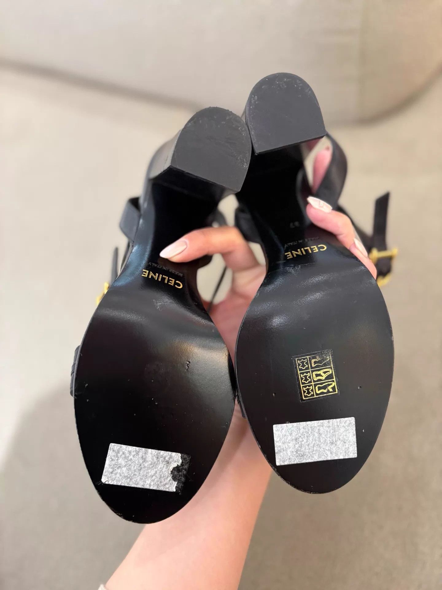 Celine Celine Black Gold Triomphe Block Heel Sandals 37 New Size US 6.5 / IT 36.5 - 3 Thumbnail