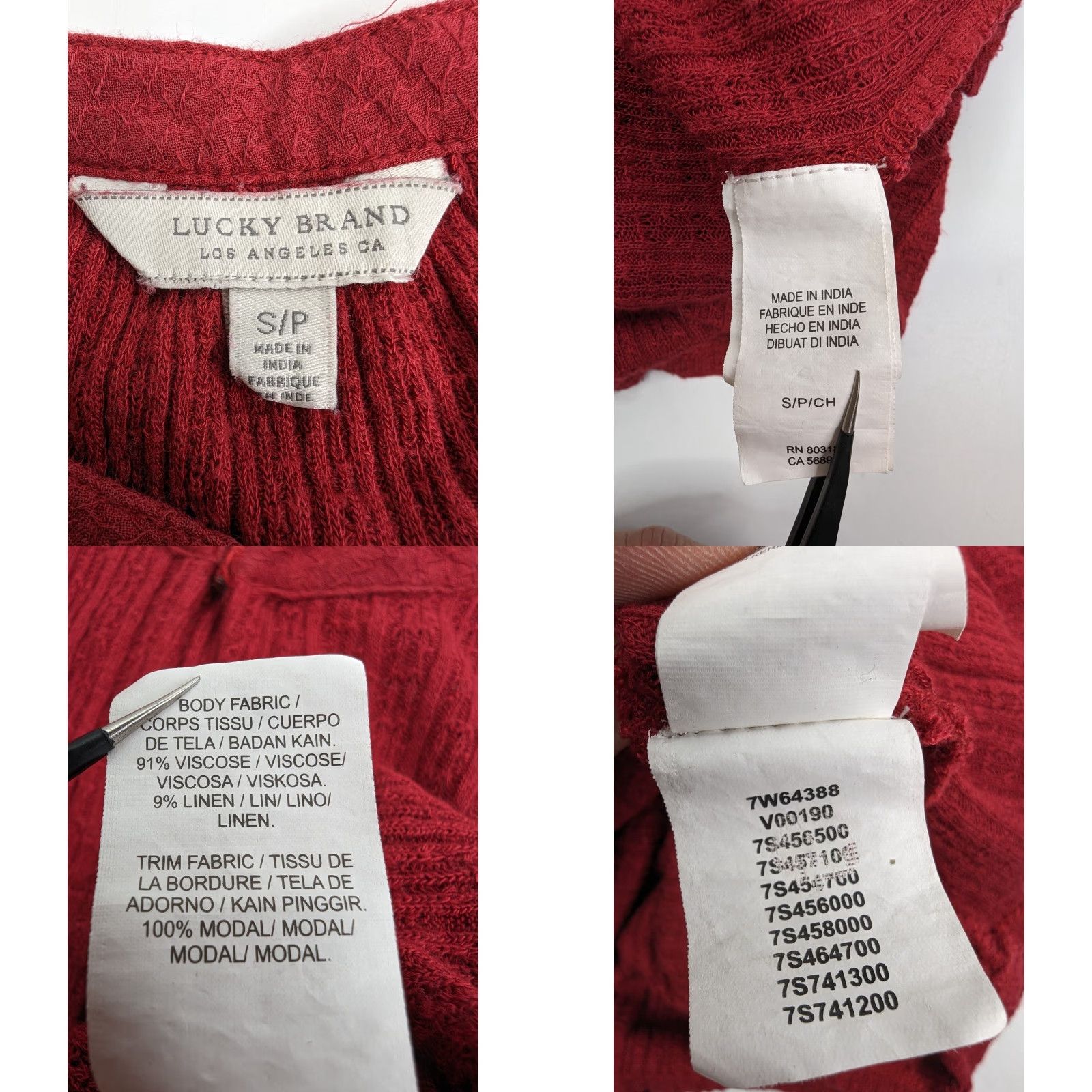 Lucky Brand Lucky Brand Blouse Womens Small Red Drop Needle Peasant V-Neck Long Sleeve Balloon Sleeve Floral Top 7W64388 XS? Size S / US 4 / IT 40 - 8 Thumbnail