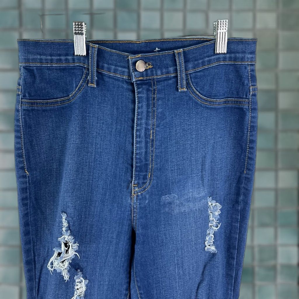 Denime Vibrant Jeans Flared Distressed Denim 30X34 Blue Womens Size 13 (30) 5-Pocket High Rise Flare 80s 90s Bohemian Hipster College Festival) Mens Womens Size 34" / US 12 / IT 48 - 1 Thumbnail