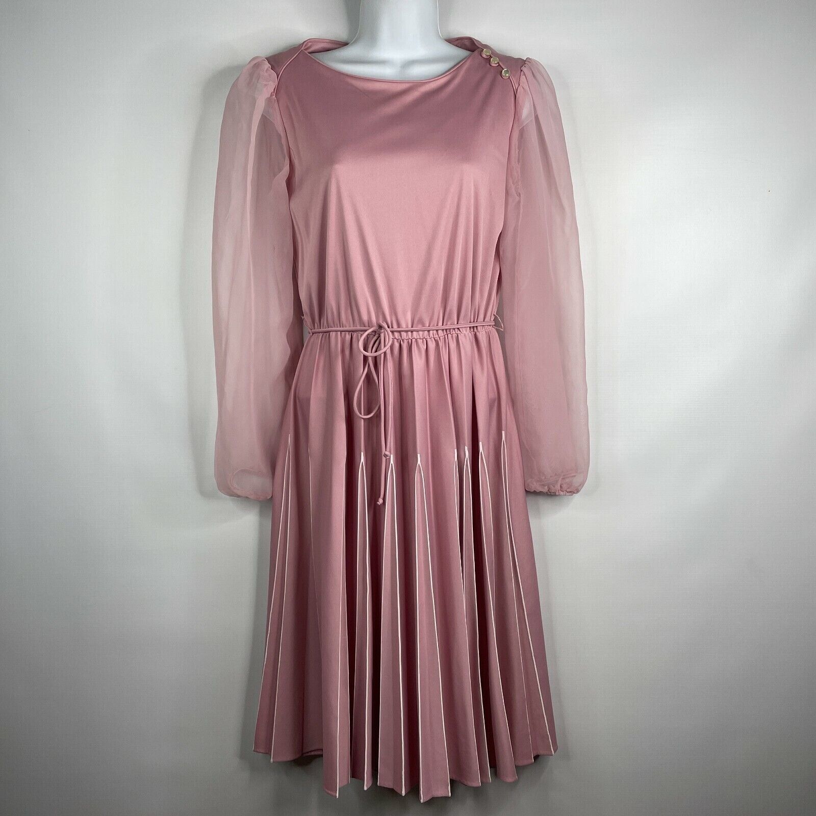 Vintage 70s Lavender Belted Contrast Stich Pleat Fit Flare Dress Size L / US 10 / IT 46 - 1 Preview