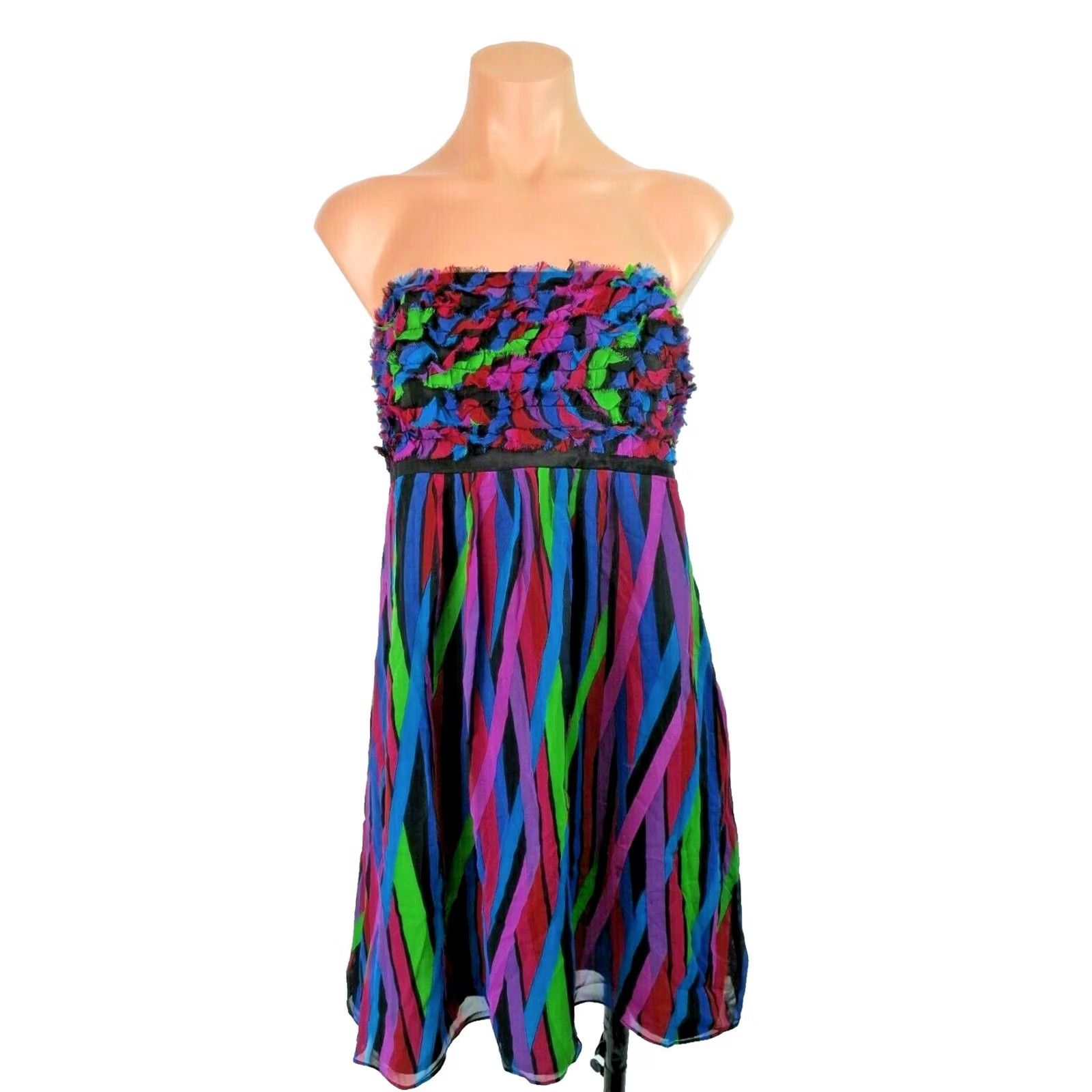 Betsey Johnson VINTAGE Betsey Johnson Rainbow Striped Silk Dress Sleeveless Strapless A-Line Prom Short 90s 8 Womens Girls Size M / US 6-8 / IT 42-44 - 2 Thumbnail
