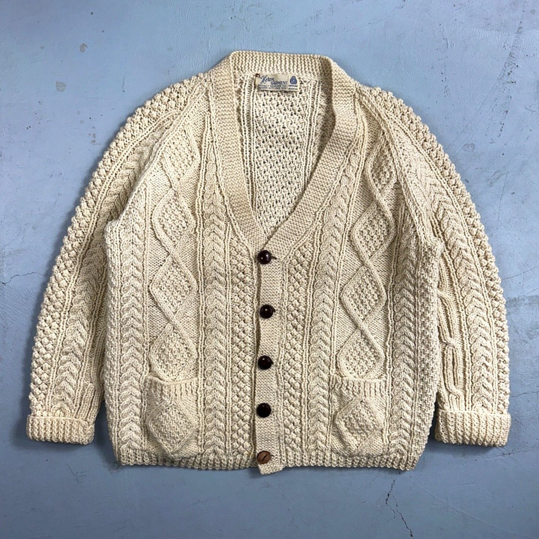 Vintage VINTAGE Heron Garment Sweater Cardigan 1970s Thick Ivory Pure Wool Cabled Knit Mens L Ivory 70s Men Wool Cardigan 1970s Size US L / EU 52-54 / 3 - 2 Thumbnail
