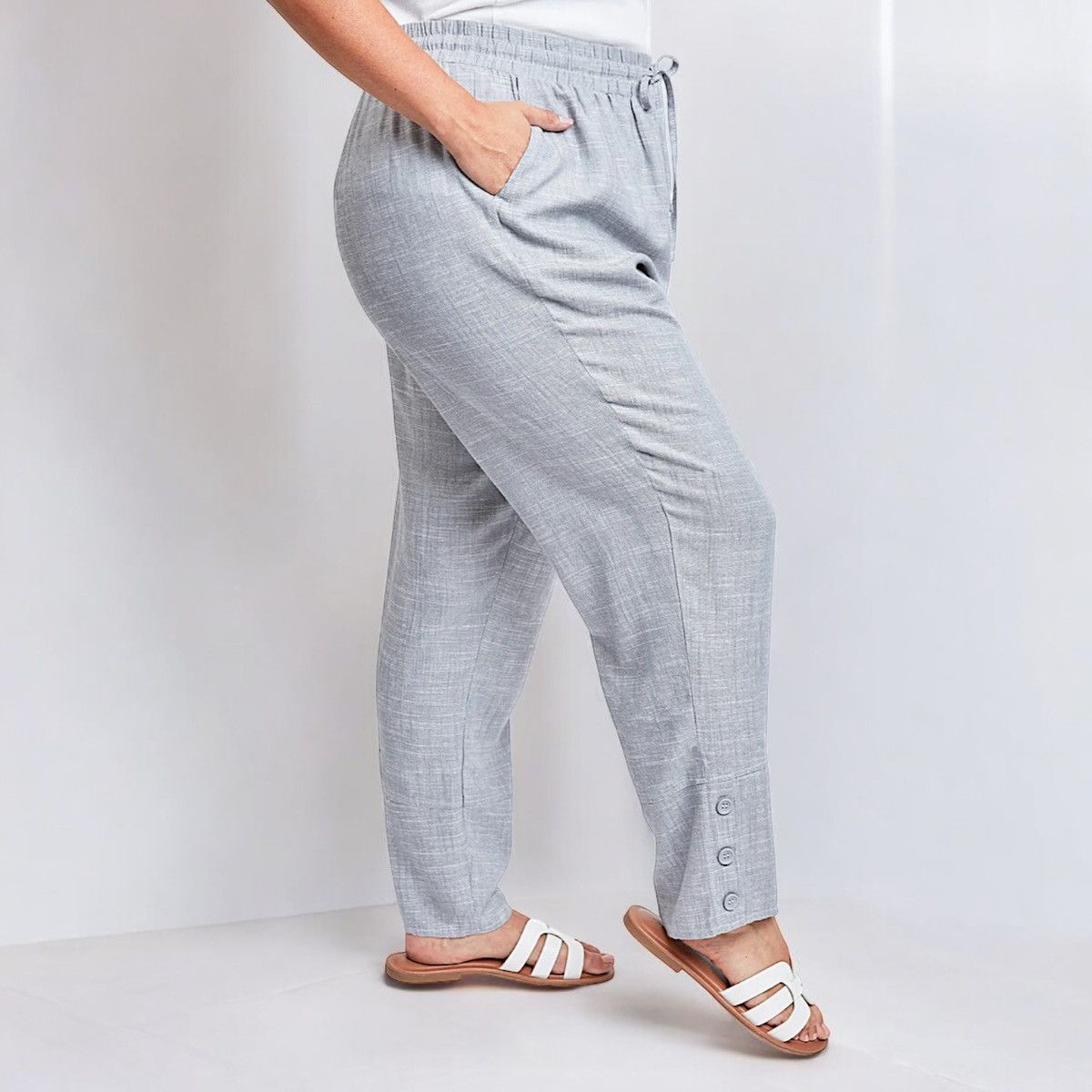 Other Royalty For Me Women’s Grey Linen Button Hem Pants Sz 1X Size 33" - 3 Thumbnail